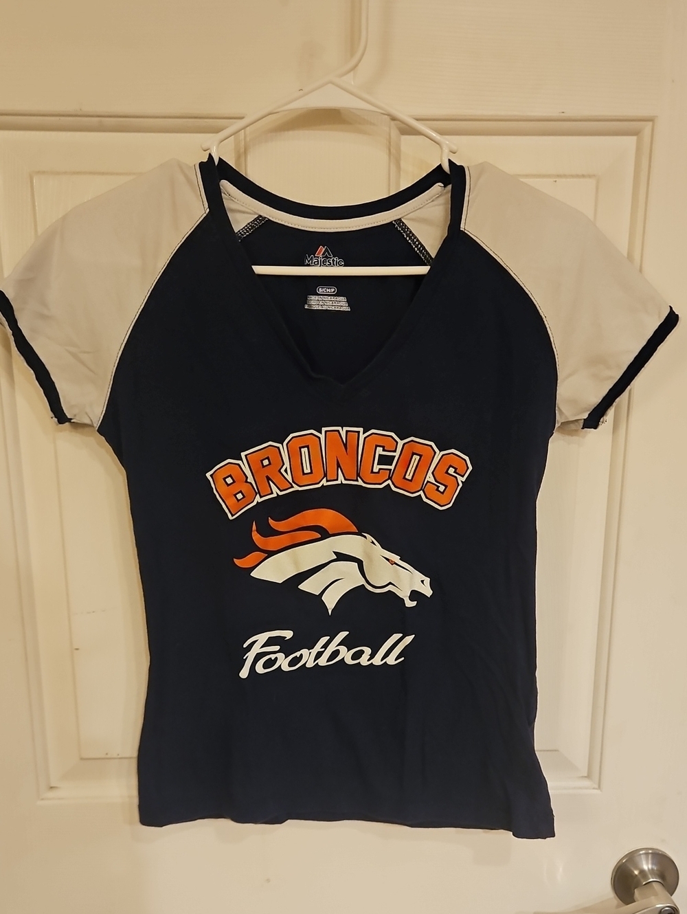 Majestic Navy, White and Orange Denver Broncos V-Neck Fan Tee